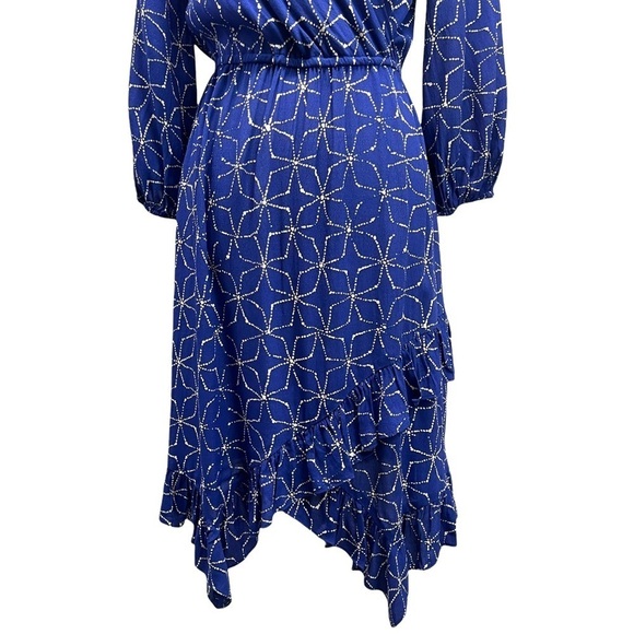 Plenty by Tracy Reese Blue Pinwheel Print Faux Wrap Asymmetrical Ruffle Dress S - Picture 5 of 10